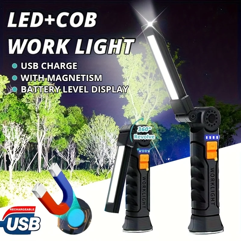 Multifunctional Rotatable Work Light, USB Rechargeable Flashlights w/ Magnet Hook,Ideal for Auto Repair Inspection and Emergency