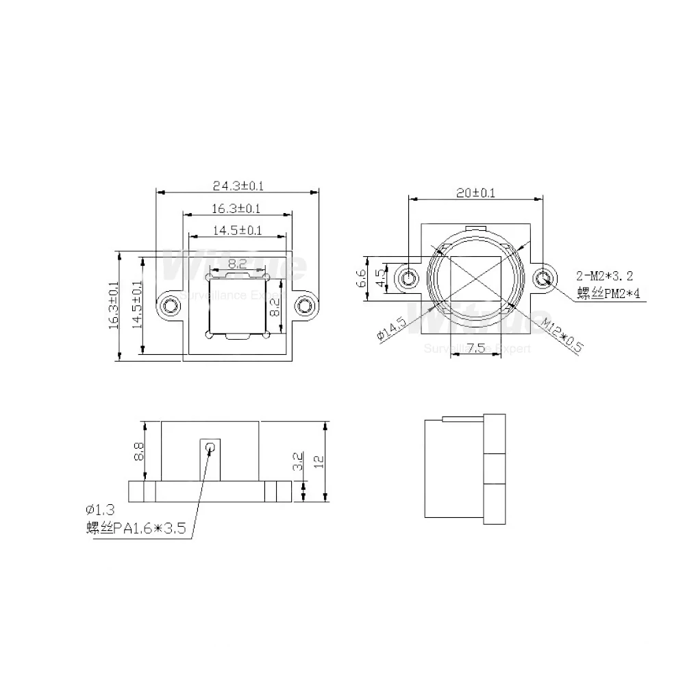 M12 Lens Mount Holder PC+30%GF with 650nm IR Filter Support 20mm Hole Distance for PCB Board Module or CCTV Camera