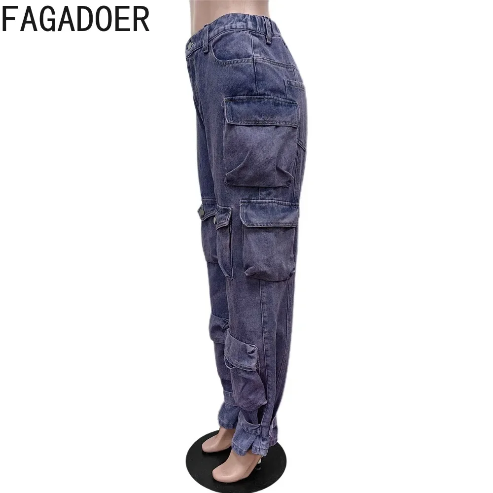 Fagadoer Mode Effen Zak Cargo Denim Broek Vrouwen Hoge Taille Knoop Straight Jean Broek Herfst Casual Cowboy Broekje