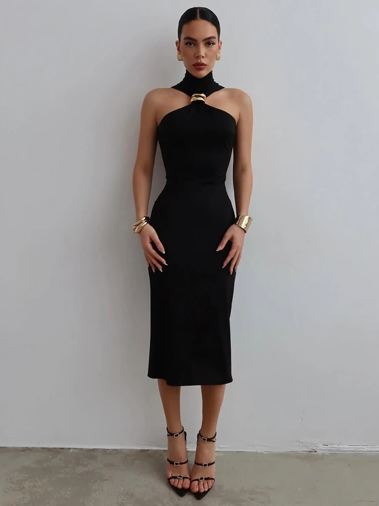 Macheda froncé élégante robe femmes métal Patchwork Halter col roulé sans manches minuit bal Banquet partie classique