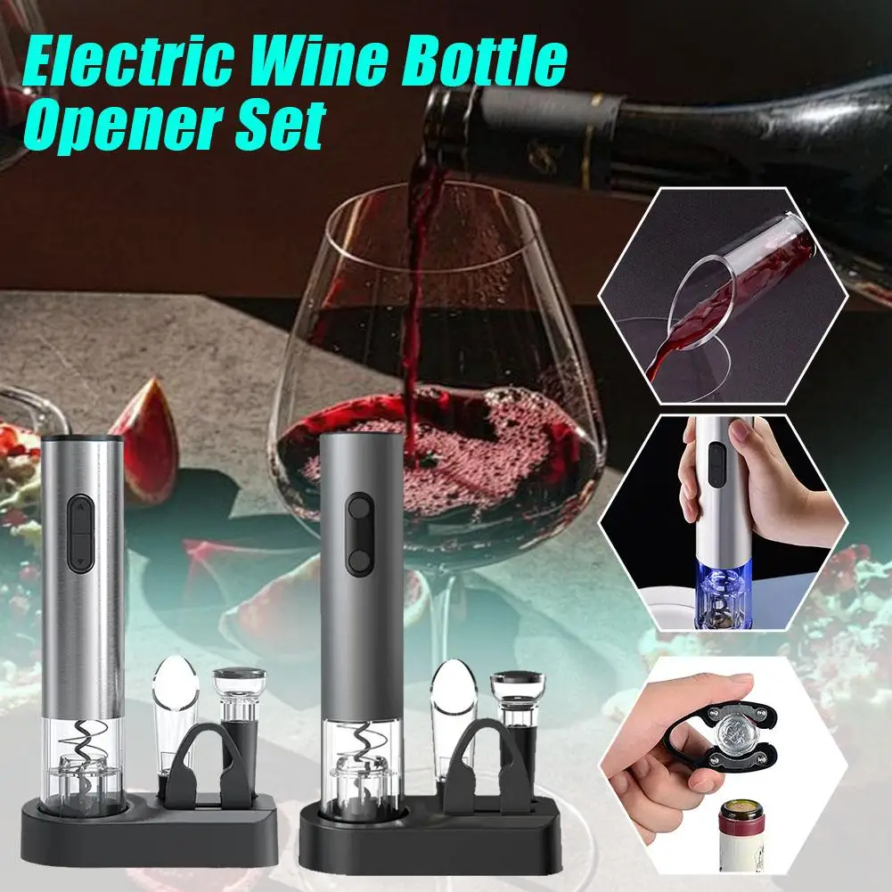 Electric Wine Bottle Opener Five-piece Set With Cutter+wine Stopper+wine Pourer+storage Base Stainless Steel Bottle Opener