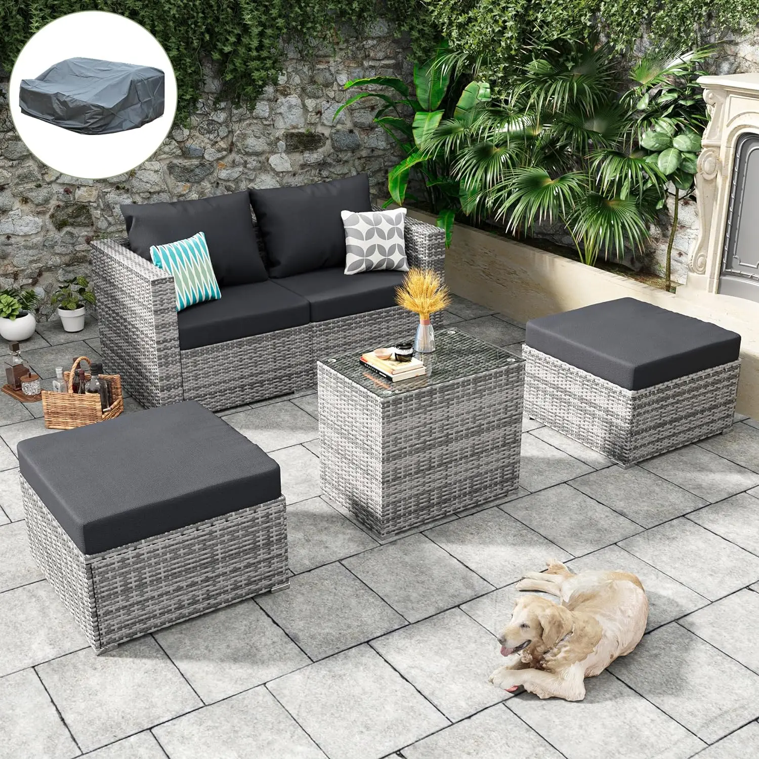 

5 Pieces Outdoor Furniture Patio Rattan Loveseat, All Weather Sectional PE Sofa Conversation Set with Ottoman Coffee Table