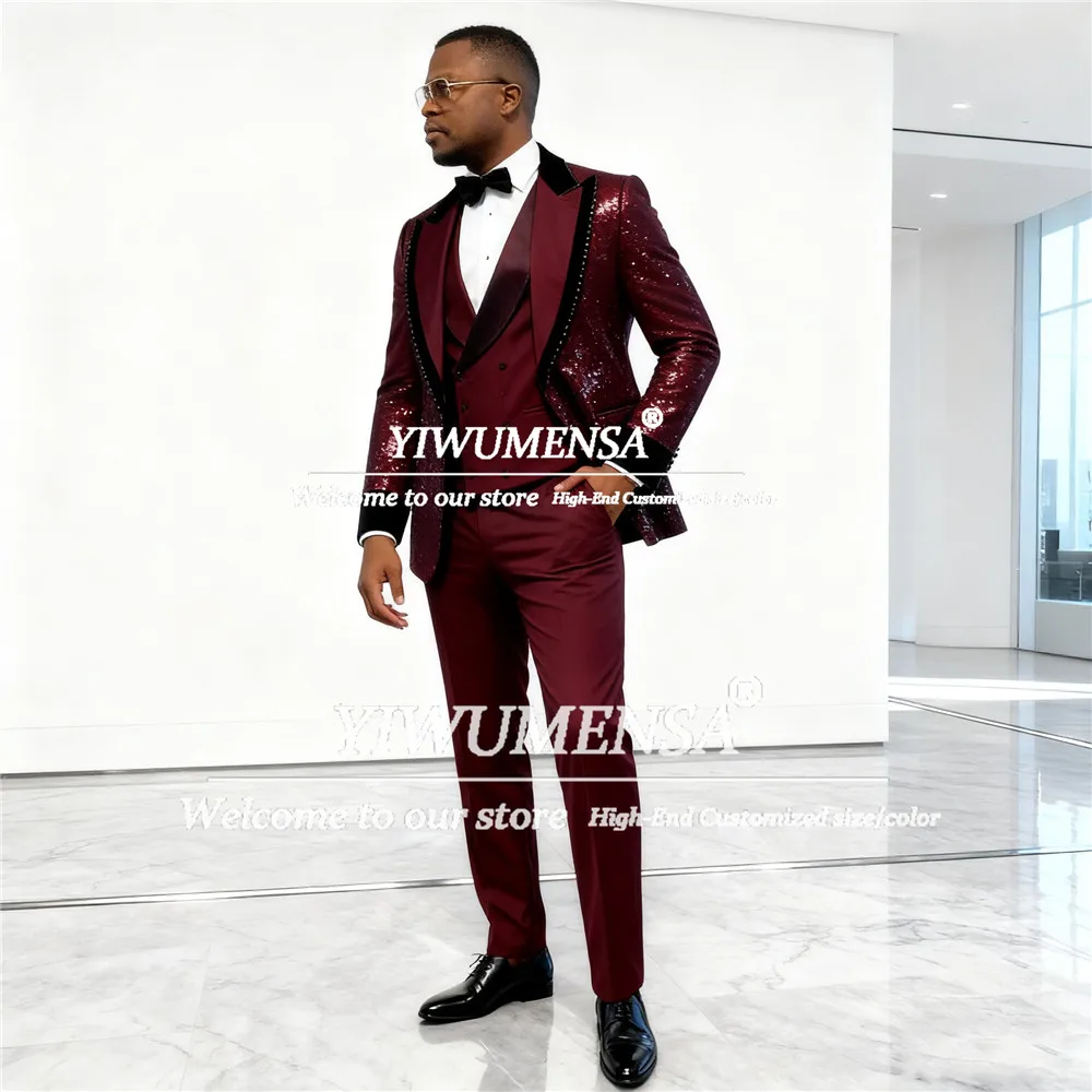

Wine Red Beaded Suit Attire Men For Wedding Luxury Sparkly Sequins Black Lapel Blazer Customized 3 Pieces Set Groom Tuxedos 2026