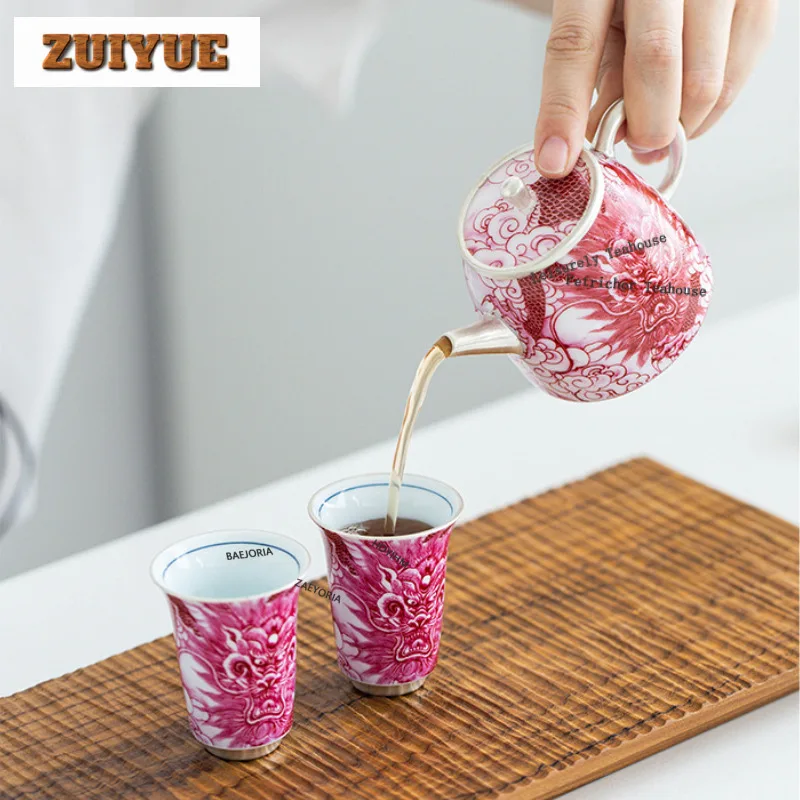 Juego de té Gilt Silver Carmine Dragon, juego completo, juego de ceremonia del té de boutique, juego de tetera y taza, colección de accesorios para el juego de té