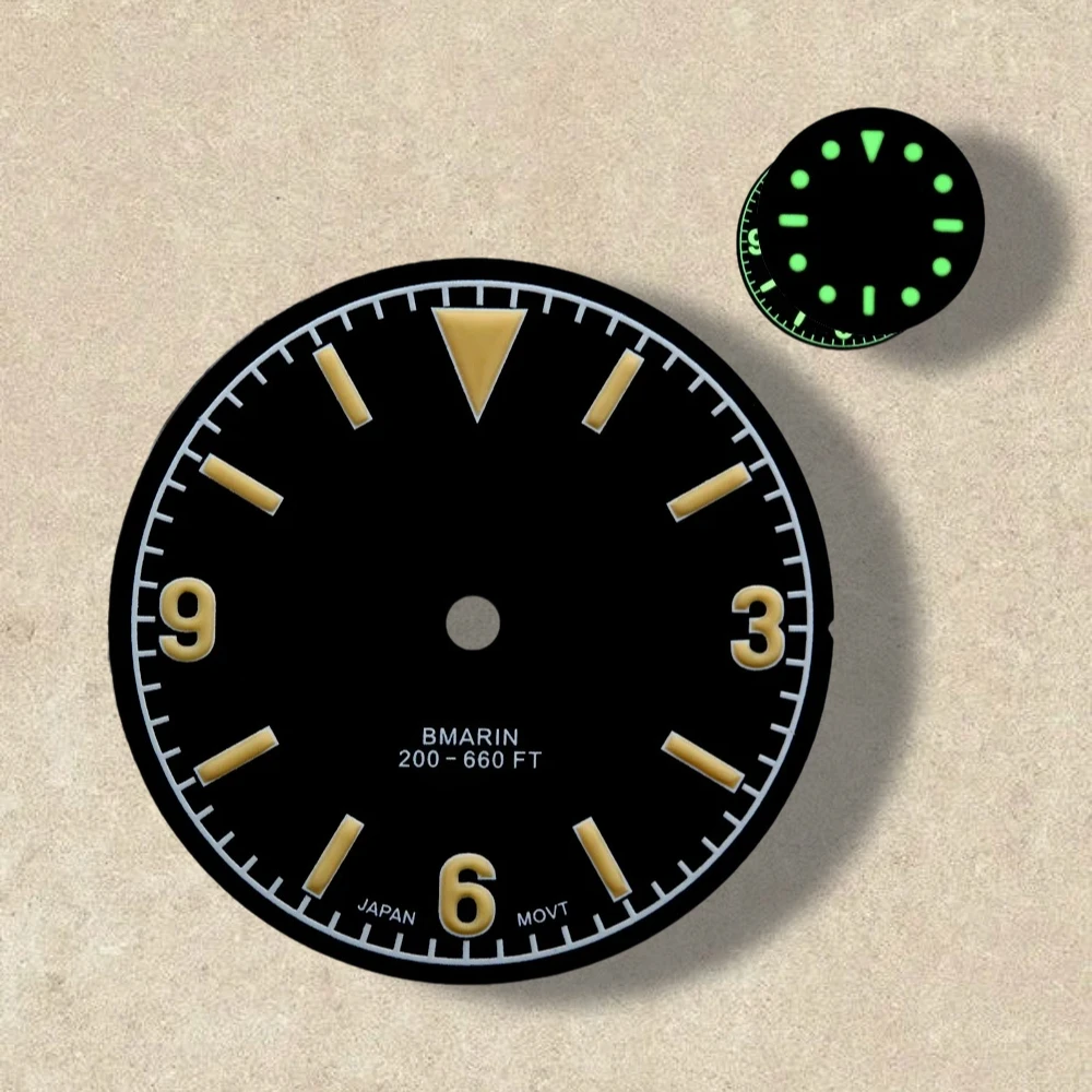 28.5mm Retro SUB Dial S Logo NH35 Dial Fit 3/3.8/4.2 O'clock Crown Green Luminous Watches Accessories For NH35/NH36 Movement