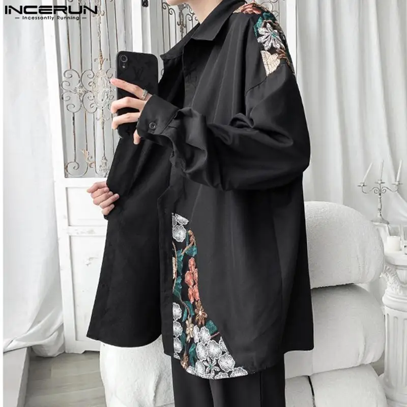 INCERUN Men Shirt Embroidery Lace Patchwork Lapel Long Sleeve Casual Men Clothing Streetwear 2024 Fashion Male Shirts S-5XL