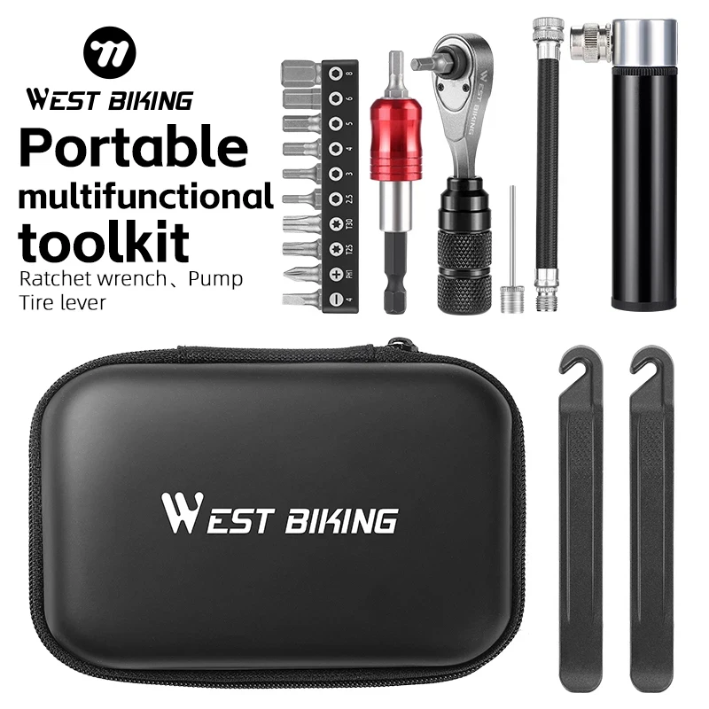 WEST BIKING-Trousse à outils multifonctionnelle, sac à outils portable de réparation de vélo, 4 en 1, pompe à cliquet, levier d'opathie, ensemble d'outils de réparation de vélo