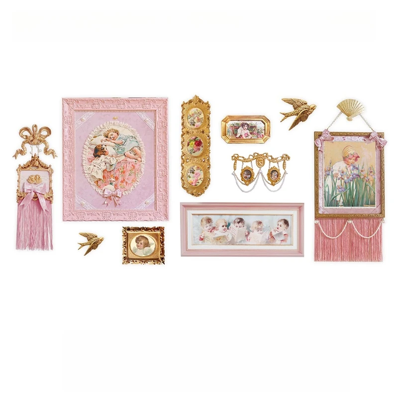 

Original niche French pink fairy retro hanging painting living room combination fringed decorative painting