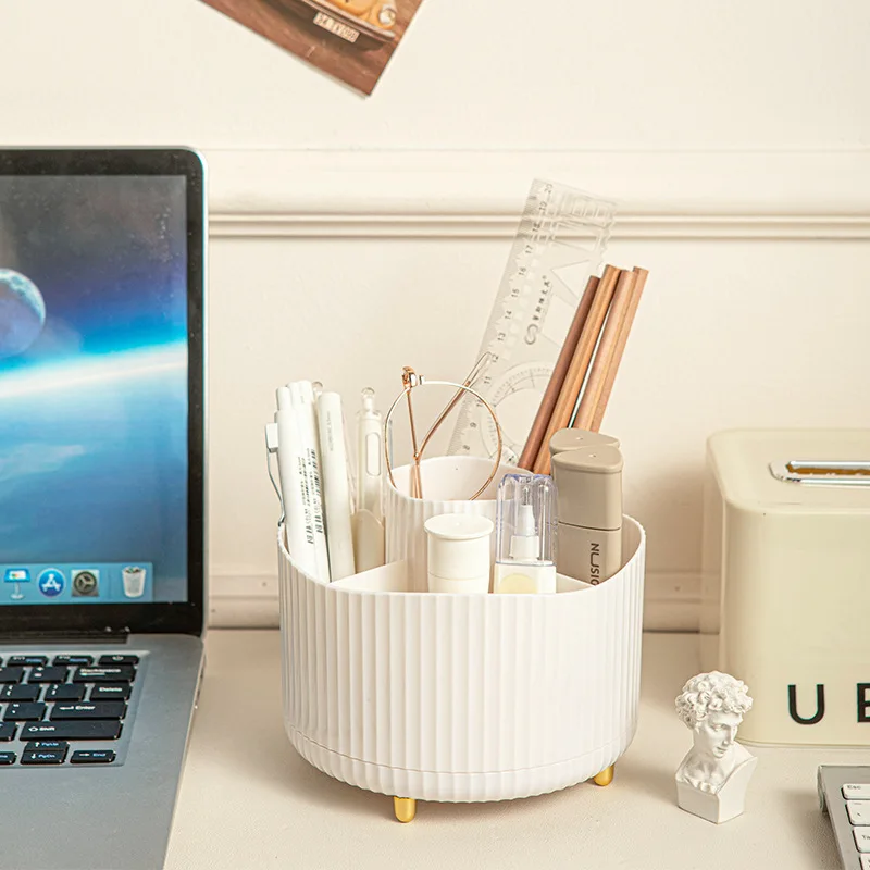 new Multifunctional Rotating Pen Holder Cosmetic Storage Box Light Luxury Round Makeup Brush Large Capacity Desktop Storage Box
