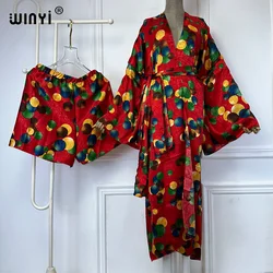 WINYI wysokiej jakości 2-częściowy strój damski Bohemian Print luźne kimono z długim rękawem o długości do podłogi okrycie plażowe modna sukienka