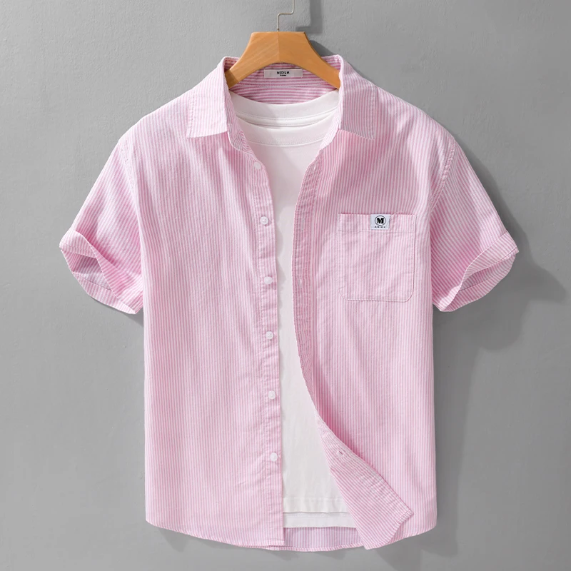 

100% хлопковая мужская полосатая повседневная свободная модная рубашка с коротким рукавом, дышащий летний топ для молодежи