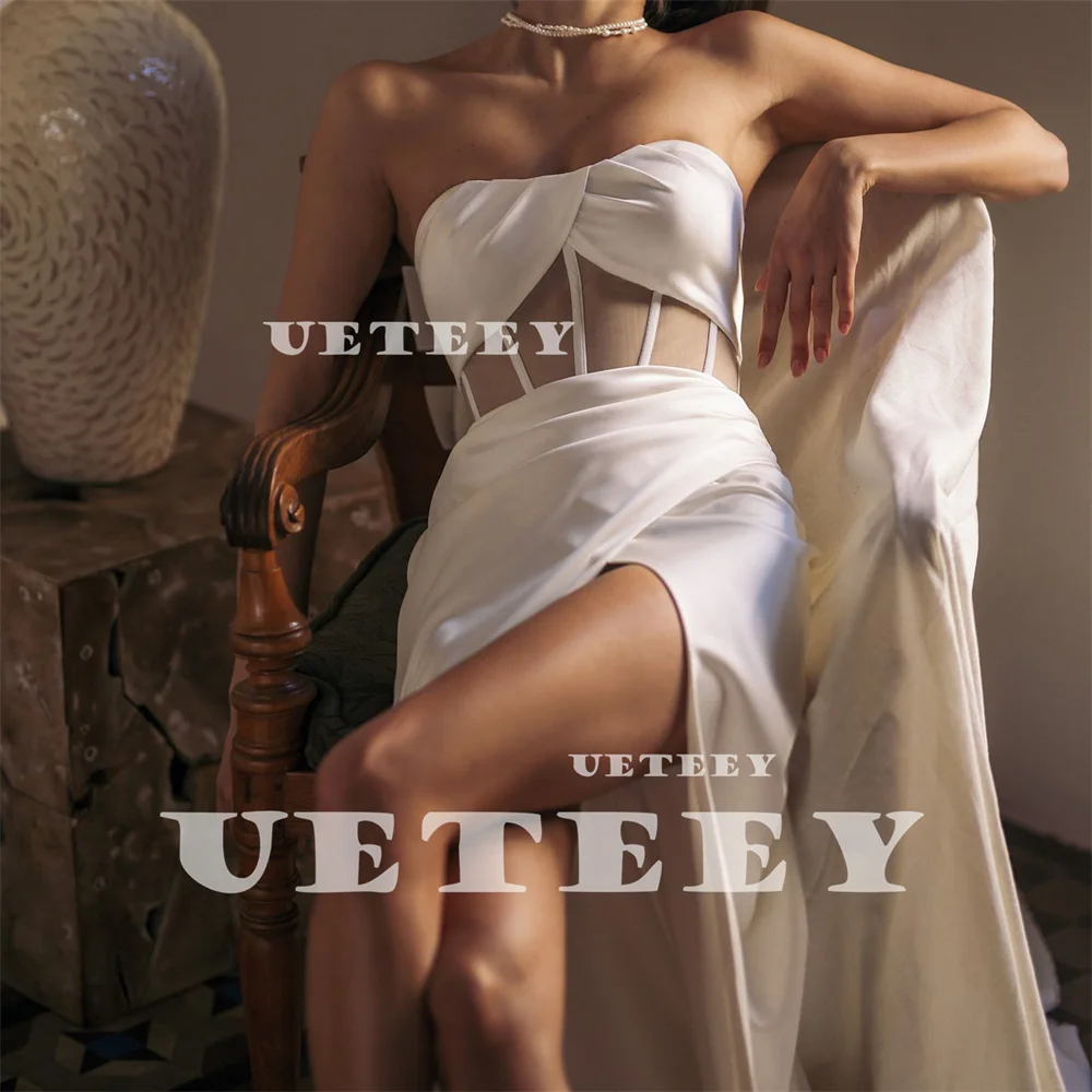 UETEEY カスタムメイド シンプル ストレスレス イリュージョン プリーツ マーメイド ウェディングドレス クレープ ハイサイド スリット コートトレイン ブライダルガウン