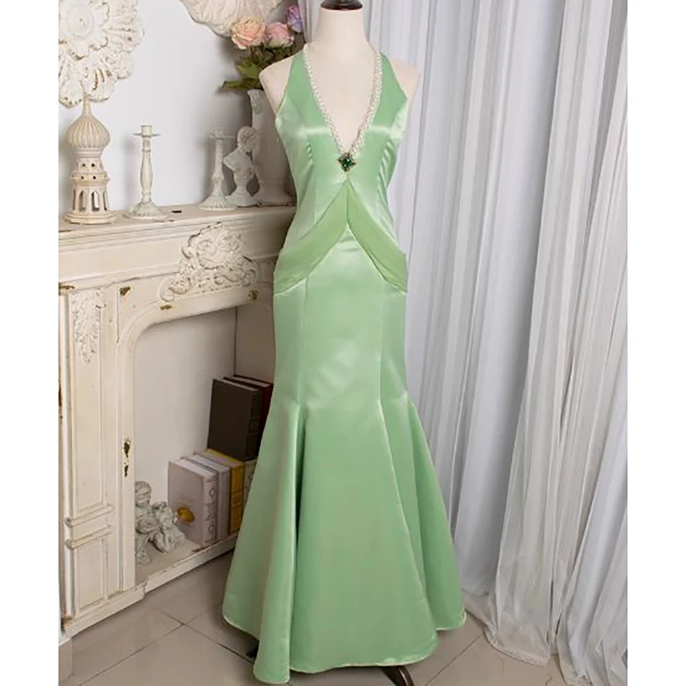 

Женское платье в стиле русалки на заказ с жемчугом и бретелькой на шее, вечернее платье без рукавов, стильное платье с открытой спиной и тройными каплевидными вырезами