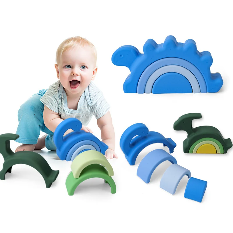 Nouveau 1 Jeu Blocs De Construction Souples En Silicone Blocs D'empilage Bébé Jouet Dinosaure Forme Silicone Construction Jouet Montessori Jouet BPA Gratuit