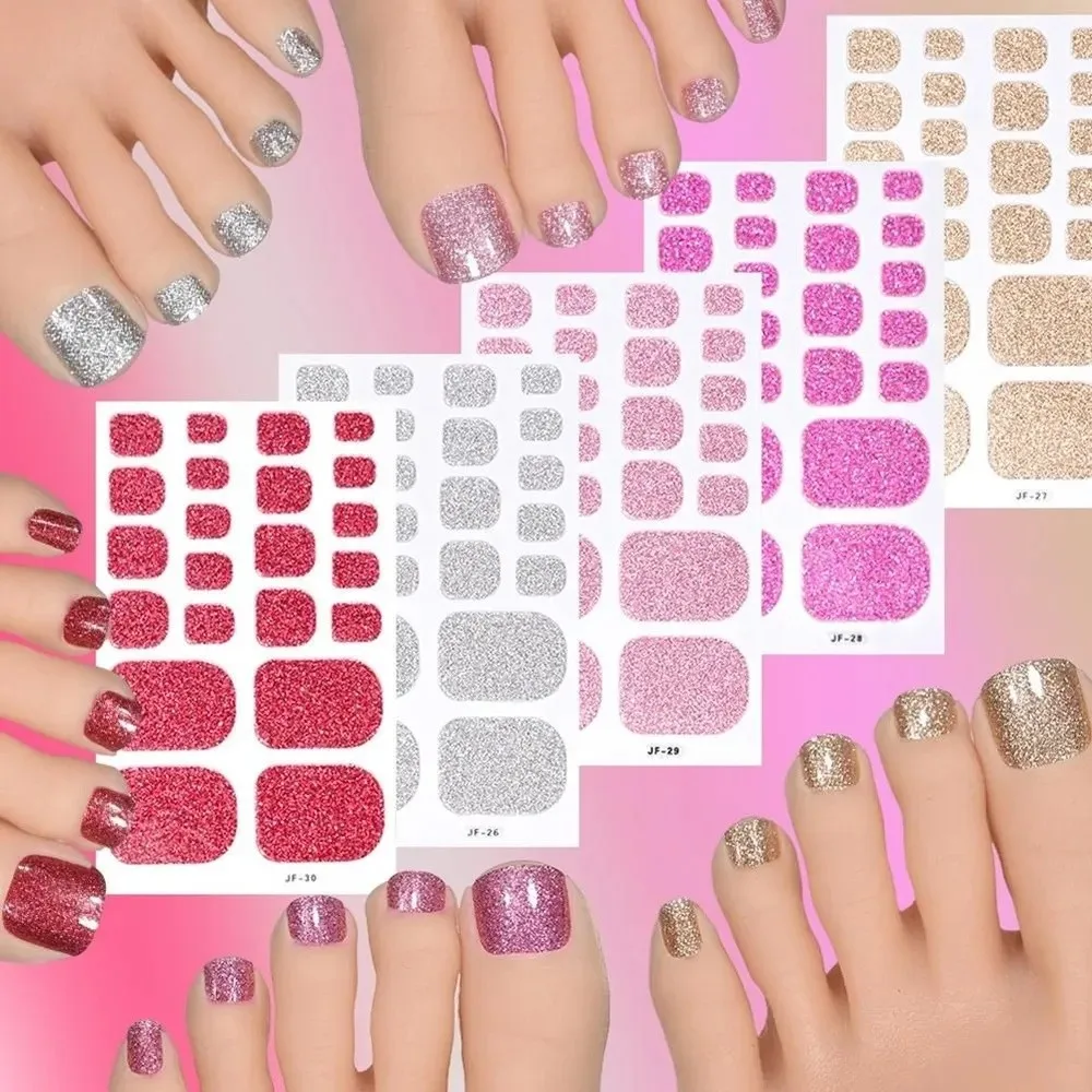 22tips/Sheet Gradient Glitter Toe Nail Stickers Waterproof Solid Color Shimmer Finish Self Adhesive Toenail Decals