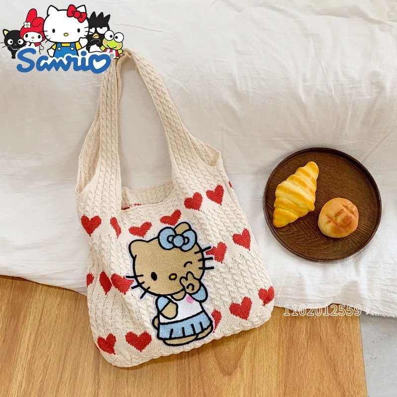Sanrio Hello Kitty New Woven Women's Handbag Cartoon Cute Woven Women's Shoulder Bag Large Capacity Fashion Casual Women's Bag