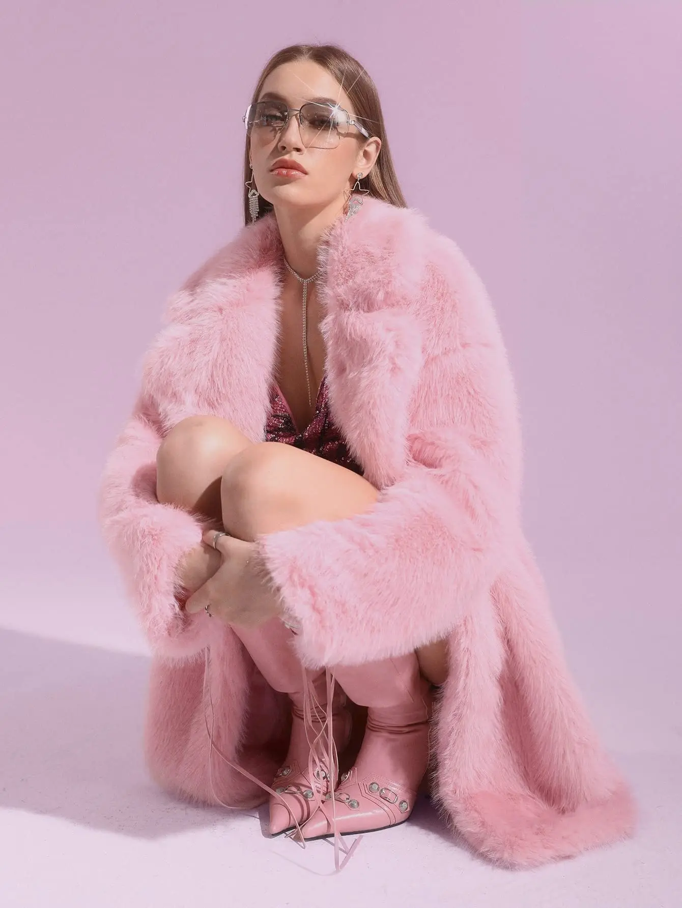 Hot Pink Women\'s Faux Fox Fur Coat Thickened Comfortable Winter Coat High Quality Women\'s Coat