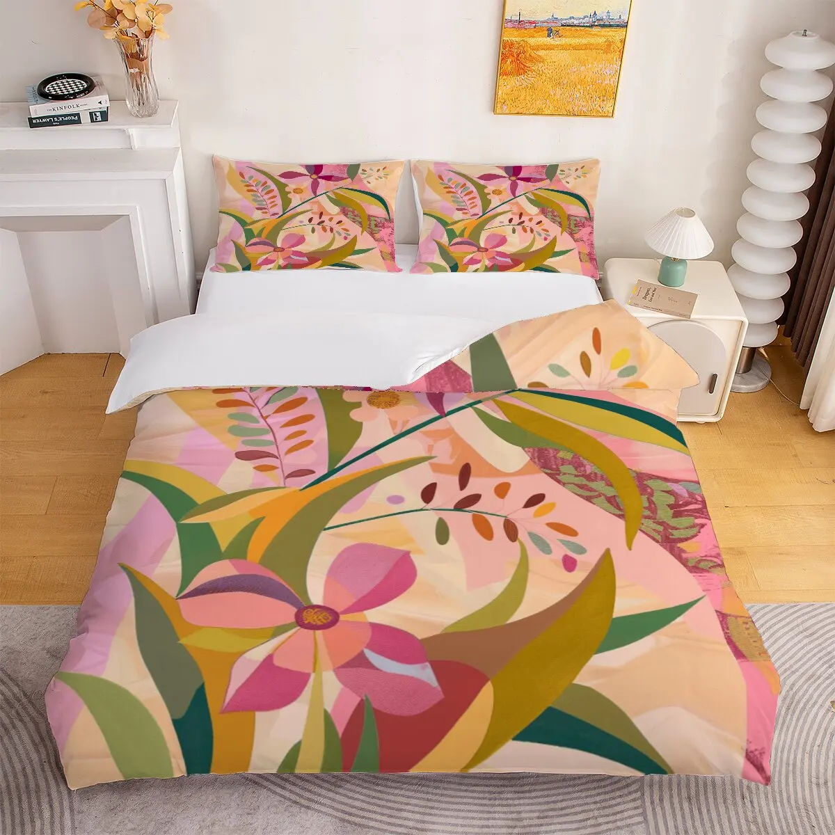 

Pink petals Down comforter set large size yellow leaves Duvet cover set, 1 duvet cover and 2 pillowcases
