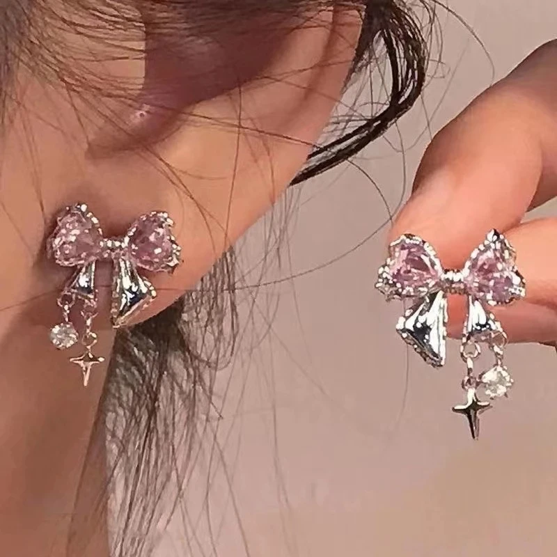 6PCS Fashion Cute Pink Crystal Bowknot Heart Star Shape Stud Earirngs Sets For Women Girls Ears Jewelry Party Y2k Accessories