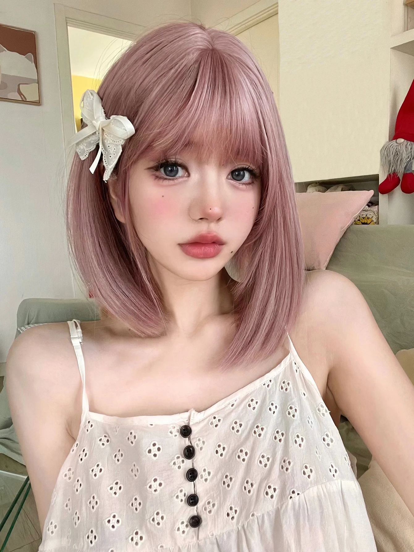 12Inch Ash Purple Color Synthetic Lolita Wig With Bang Short Natural Straight Hair Wig for Women Daily Cosplay Heat Resistant