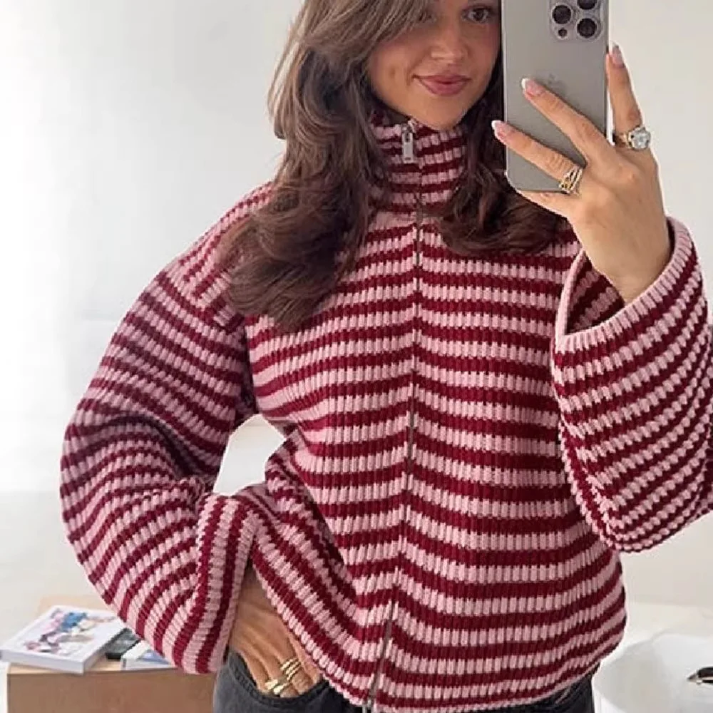 2026 Casual Turtleneck Knitted Ribbed Sweater Women's Loose Full Sleeve Zippers Cardigan Autumn Winter Lady Minimalist Outerwear