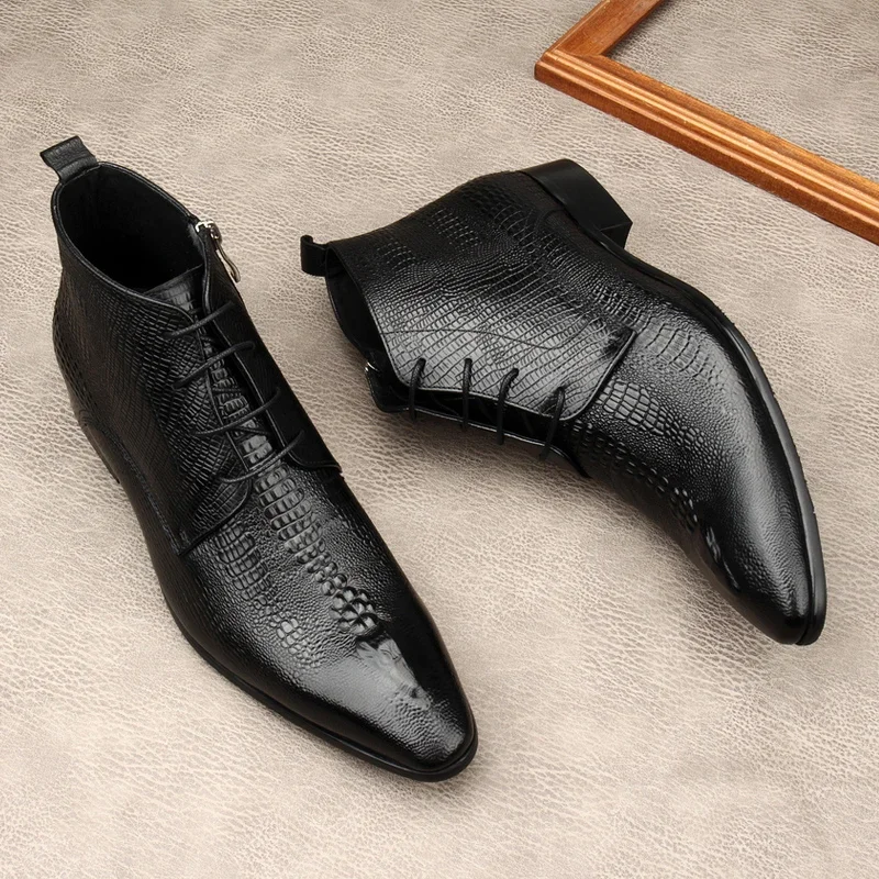 Luxury Mens Genuine Leather Boots Crocodile Pattern Handmade Quality 2025 Winter Warm Ankle Business Wedding Social Shoes Man