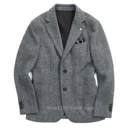 Gray Wool Tweed Winter Suit Blazer Single Breasted Suit Jacket Formal Fashion Notch Lapel Herringbone Coat for Wedding/Business