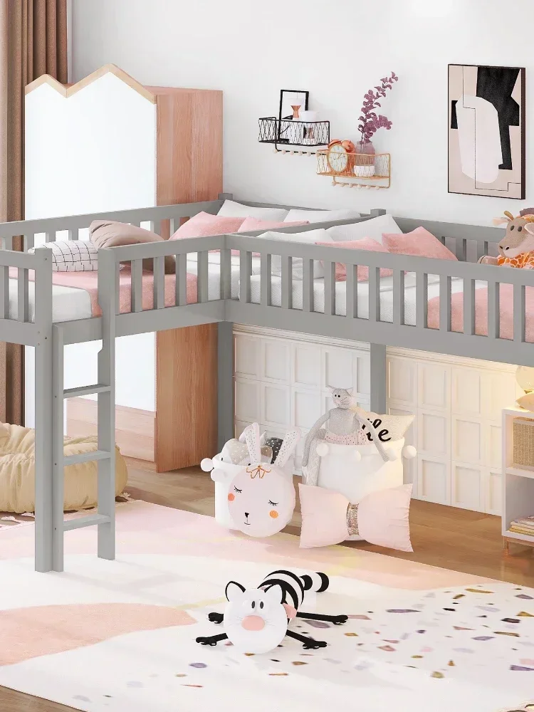 L-Shaped Twin Size Loft Bed with Staircase and Ladder,Gray