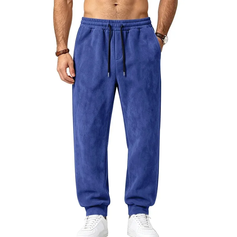 Men's fall-winter casual faux-leather wide-leg trousers with elastic waistband and drawstring, side pockets, sporty style