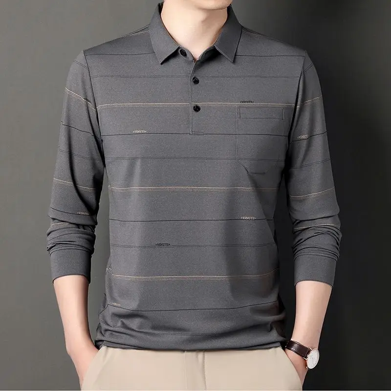 Fashion Men Long Sleeve Stripe Polo Shirts Spring Autumn Thin Male Clothes Business Casual Button Pockets Korean Pullover Tops