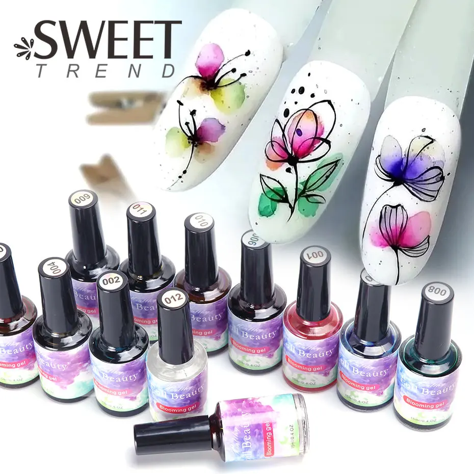 12pcs Smudge Blooming Nail Gel Polish Watercolor Ink Soak Off Varnish Marble Bubble Designer Charm Blossom Flower Manicure Decor