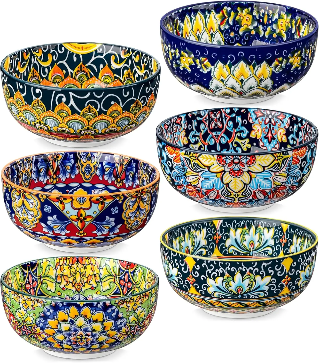 

Cereal Bowls Set of 6, Bohemian Ceramic Soup Bowls, 28 oz Colorful Bowls Set for Kitchen, Dishwasher & Microwave Safe for Salad
