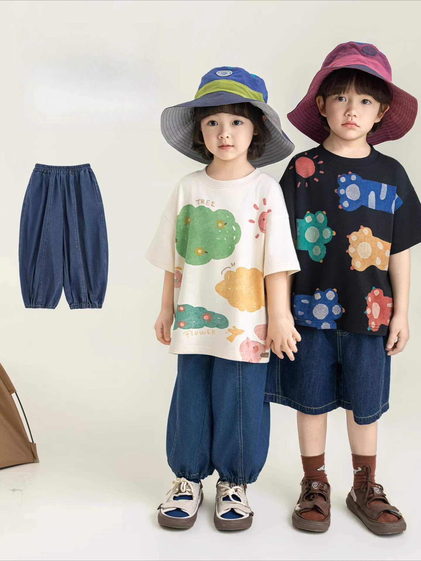 2026 New Summer Girls Jeans Contrast Stitching Drawstring Beam Foot Lantern Pants Casual Denim Trousers For 2-9Y