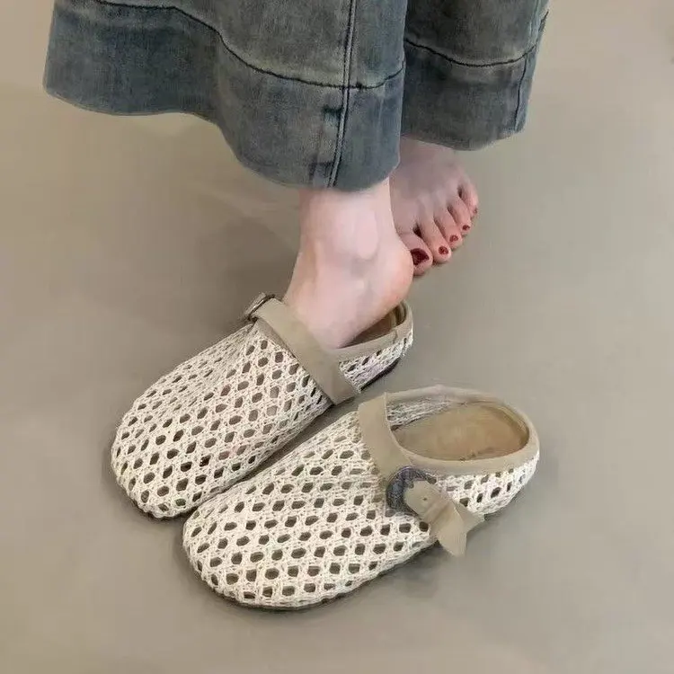 Boho Hollow Knit Clogs for Women Platform Buckle Design Memory Foam Insole Non Slip Breathable Summer Beach Daily Walking Shoes