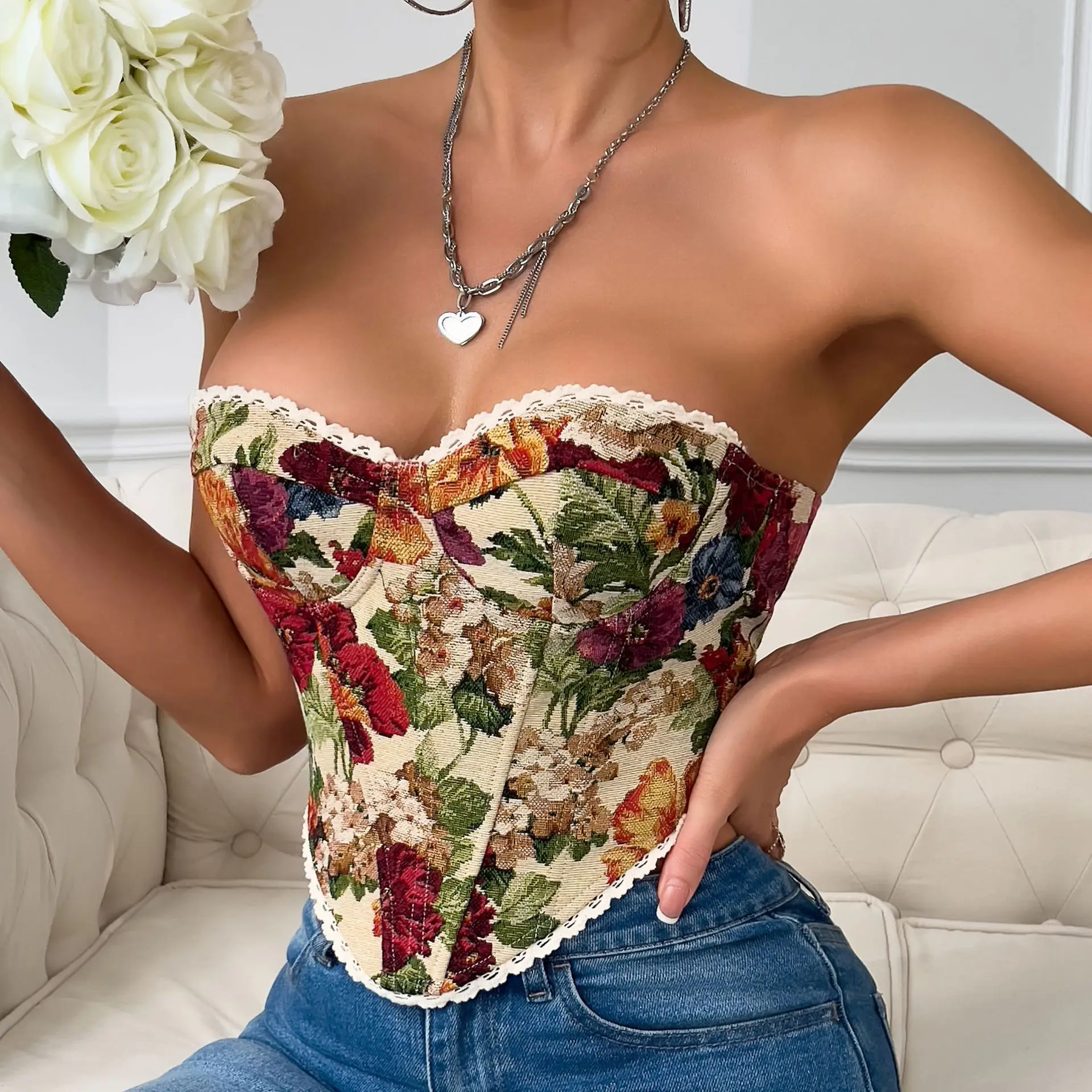 

Vintage Lace-up Corset Embroidery Floral Tube Tops French Sexy Boned Crop Tank Top Women Bustier Bodyshaper Camisole Slim Outfit