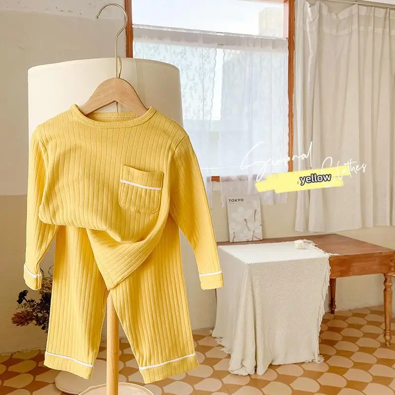 Frühling und Herbst Kinder zu Hause Kleidung einfarbige Unterwäsche Anzug Mädchen reine Baumwolle Pyjama zweiteiligen Anzug Baby Herbst Kostüm