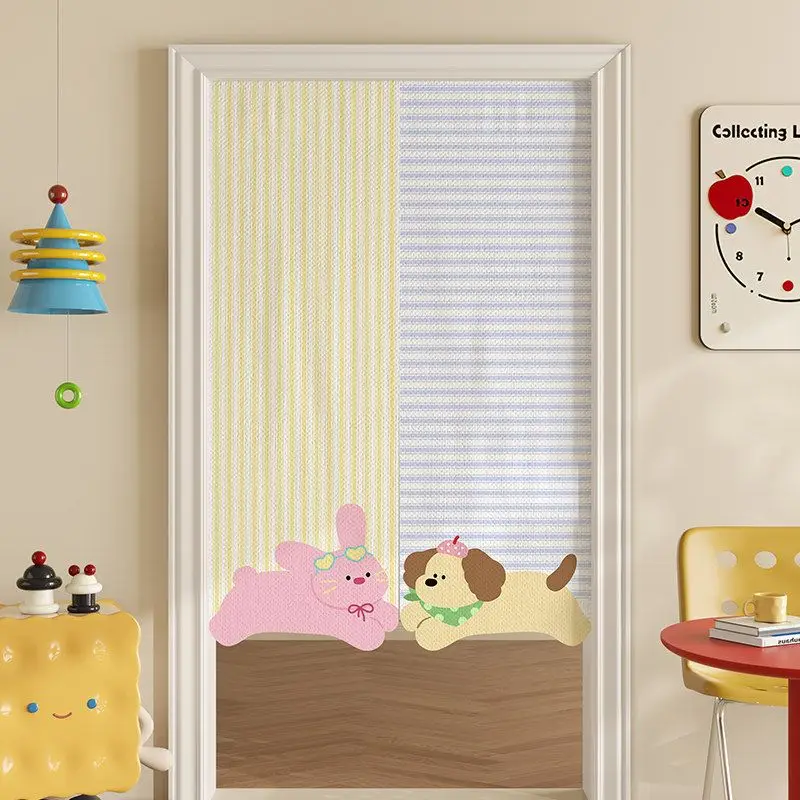 VIKAMA Stripe Bunny Puppy Print Noren Split Door Curtain Room Divider Privacy Curtain for Kids Bedroom Sweet Home Decor