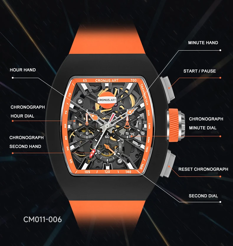 CRONUSART Men Automatic Watch 50MM Chronograph Tonneau Mechanical Wristwatch Luminous Fluororubber Case Skeleton Dial