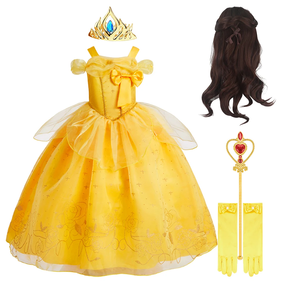 

Kids Princess Clothes Children Belle Cosplay Dresses Dance Luxury Ball Gown Little Girls Birthday Halloween Big Bowknot Clothing