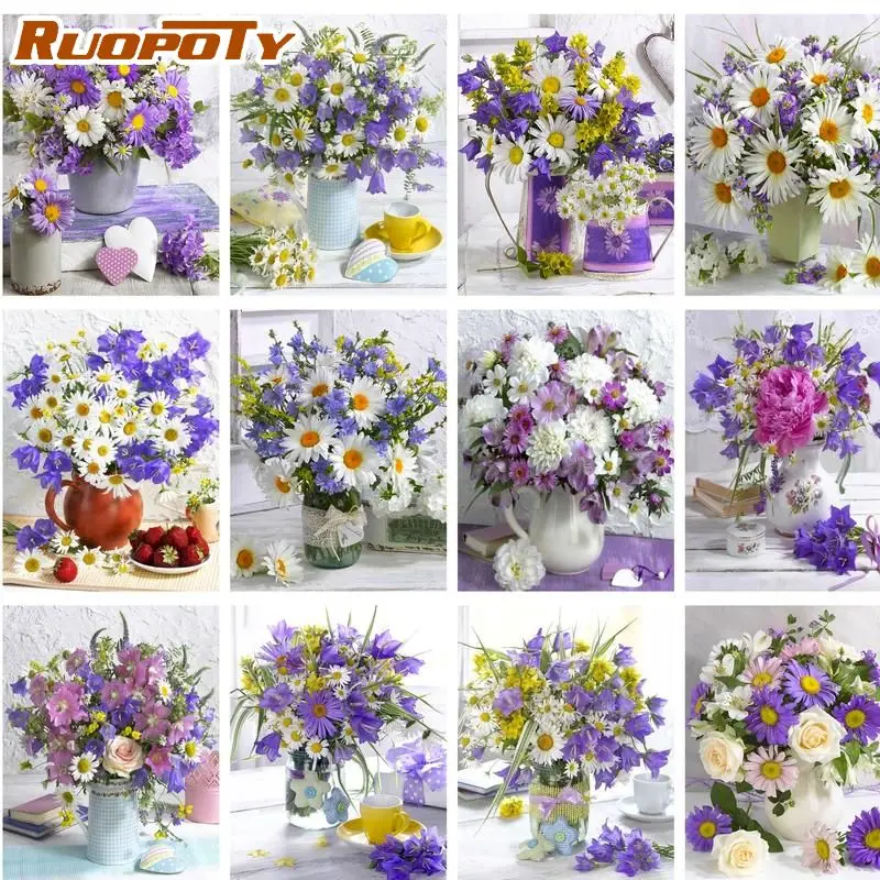 RUOPOTY Full Square Diamond Painting Still life Flower 5D DIY Diamond Embroidery Mosaic Daisy Full Square Round Cross Stitch