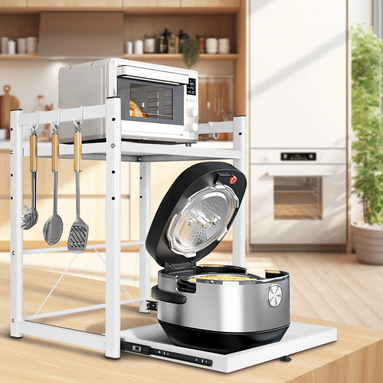 Expandable Microwave Rack with Hooks Microwave Storage Stand Non Slip Over Microwave Shelf Carbon Steel for Kitchen