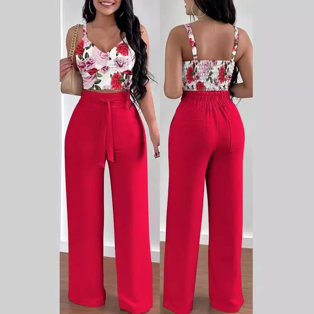 2 Piece Outfits For Women 2025 Sexy V-Neck Strap Shirred Slim Crop Top & Lace-up Wide Leg Pants Sets Elegant Office Lady Suit