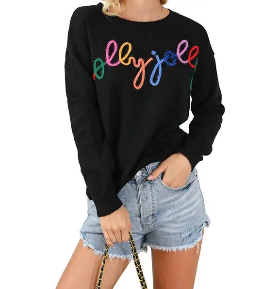 Women's Autumn Loose Sweater Tinsel Letter Applique Long Sleeve Round Neck Knitwear Pullover