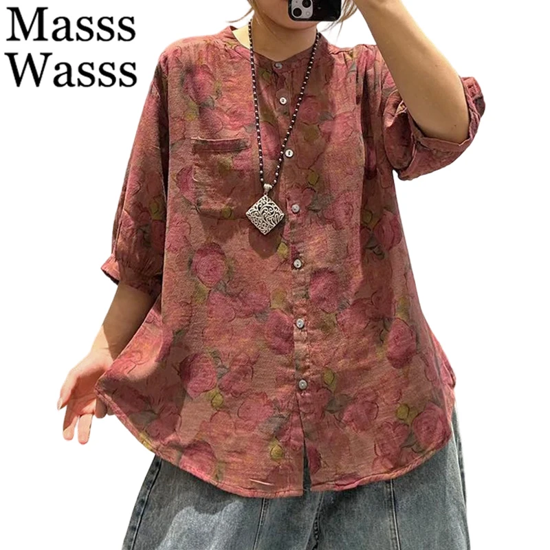 

Masss Wasss Summer Causal Luxury Floral Shirts Womens British Design Vintage Loose Tops Females Fashion Classic O Neck Blouses