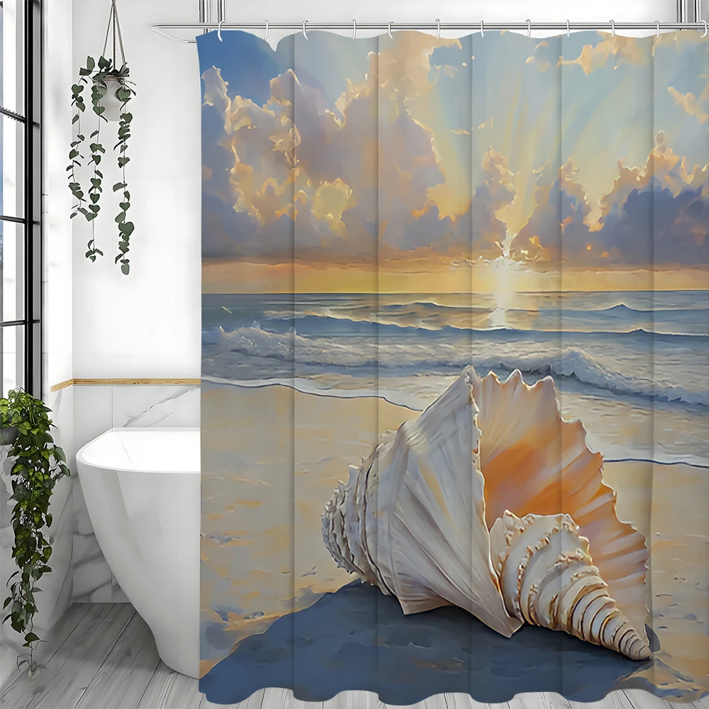 

Занавеска для душа Ocean Shell, декоративная занавеска для душа Ocean Beach Shell Sunset для ванной комнаты, водонепроницаемая занавеска для душа с крючками