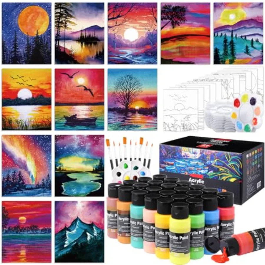 

12 Set Paint and Sip Kit for Adults 8"x 10" Pre Drawn Canvas for Painting DlY Acrylic Paint Set with Brushes, 24 Colors 60ml, 2