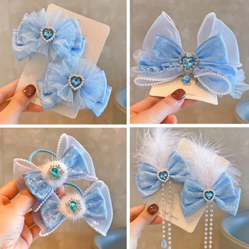 

Princess Elsa Blue Tulle Lace Series 3D Bow Hair Clip and Hair Tie for Girls Fairy-Like Heart-Shaped Rhinestone Hair Accessories