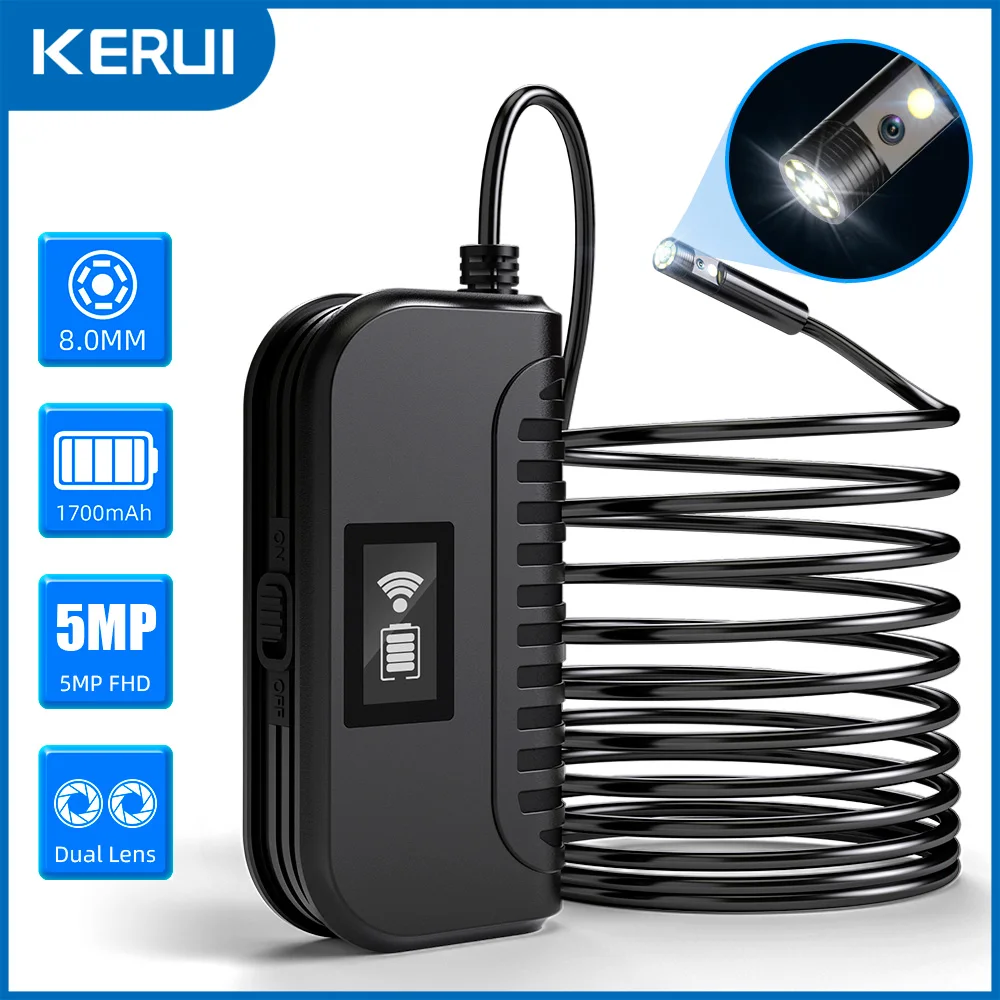 kerui 5mp camera endoscopica wi fi de lente dupla unica para celular e pc camera de inspecao endoscopica industrial ip67 a prova dip67 agua 01