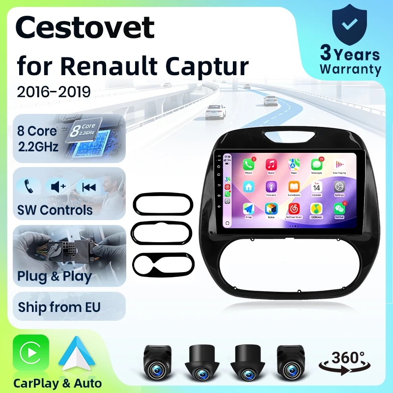 Autoradio 4G WiFi 8 cœurs Cestovet pour Renault Captur Kaptur 2016 2017-2019, écran IPS, CarPlay, Android Auto, GPS, navigation, stéréo, SWC, BT, FM, AM, RDS, DSP, 2Din, Mirror Link, lecteur multimédia, chat vocal IA, caméra 360° en option, mise à jour OTA, unité principale