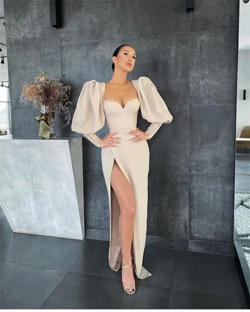 

New Vintage Champagne Puff Long Sleeves Evening Dresses Side Slit Sweetheart Chiffon Satin 2021 Modern Formal Party Gown